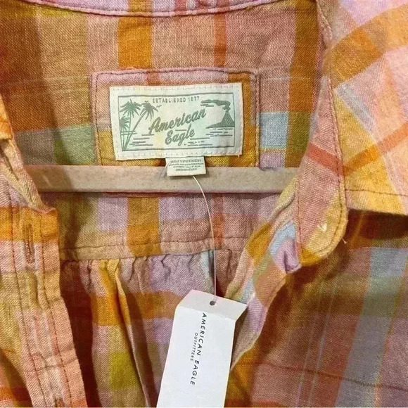 NWT American Eagle Plaid Short Sleeve Pink Orange Button Down Shirt Size X-Small - Picture 5 of 7